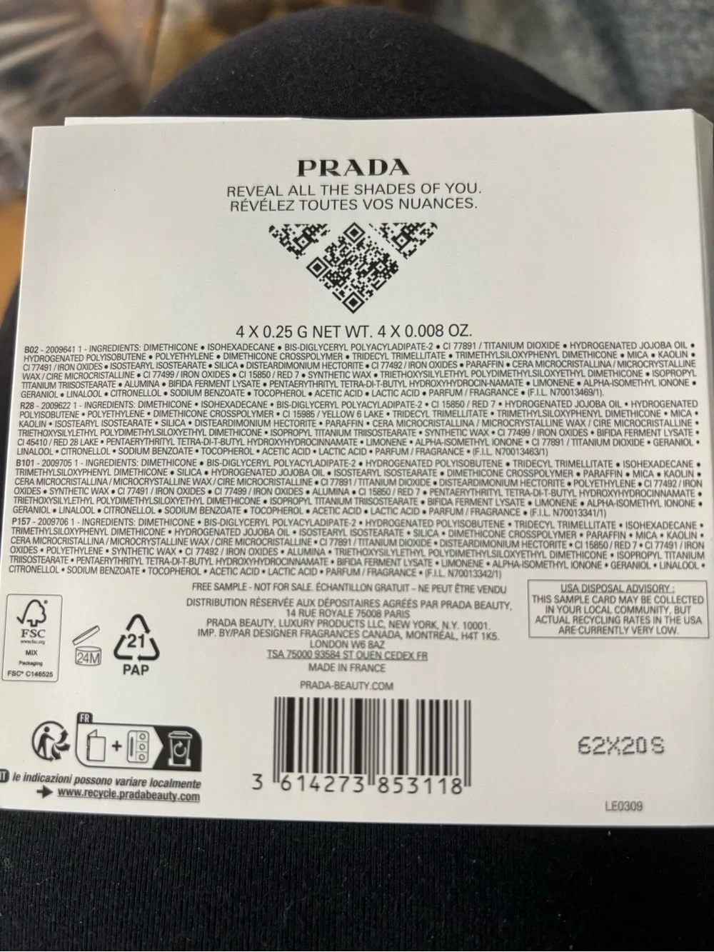 Prada Monochrome Weightless Lipcolor(Sample 4 Pack) NEW IN BOX